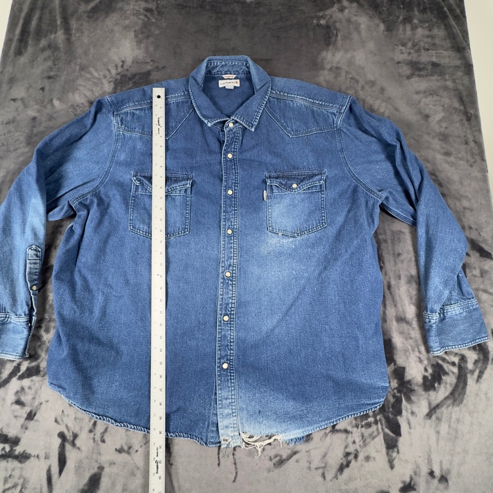 Carhartt Denim Western Shirt Mens 4XL Blue Pearl Snap Distressed 100083 497